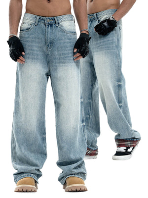 Light Wash Cuffed Baggy Jeans with Plaid Turn-Ups – on model, front | XoKool