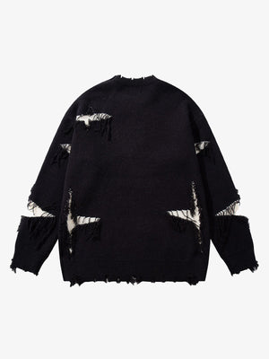 Hip-Hop Dark Skull Frayed-Edge Knit Sweater - thumbnail 9