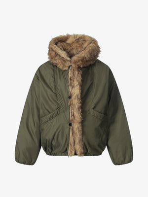 Retro Pleated Fur Hooded Padded Jacket - thumbnail 1