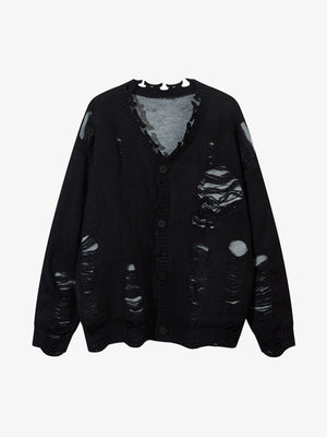 Irregular Neck Hole Hollow Knit Raw Edge Sweater - thumbnail 2