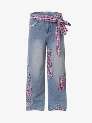 Light Wash Wide Leg Jeans with Pink Plaid Bow – Blue, front view | XoKool
