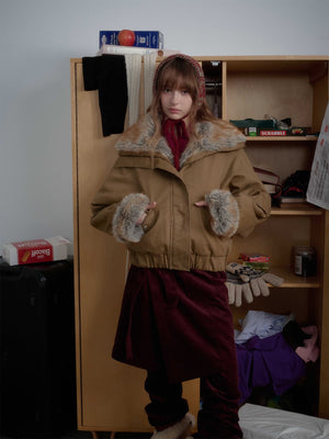 Retro Fur Collar Quilted Workwear Cotton Jacket - thumbnail 2