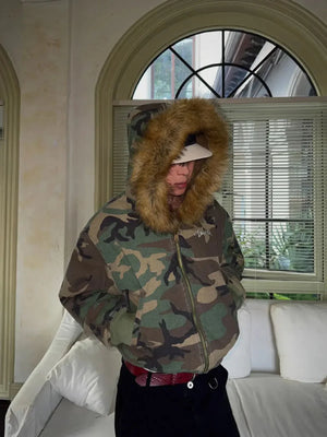 Camouflage Fur Collar Reversible Cotton Jacket - thumbnail 4