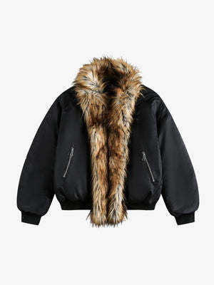 Street Dark Shadow Fur Collar Quilted Bomber Jacket - thumbnail 11
