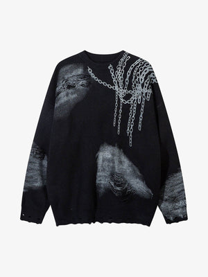 Chain Jacquard Spray-Painted Hole Round Neck Sweater - thumbnail 2