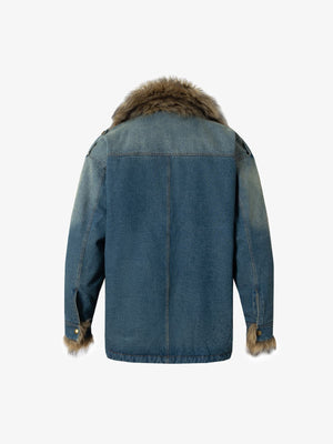 Street Retro Fur Patchwork Washed Denim Cotton Jacket - thumbnail 11