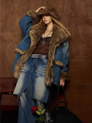 Street Retro Fur Patchwork Washed Denim Cotton Jacket - thumbnail 9