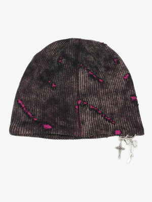 Retro Wasteland Style Distressed Knit Hanging Charm Beanie - thumbnail 9