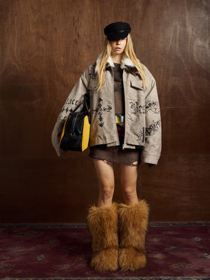 Gothic Letter Print Fur Collar Quilted Cotton Jacket - thumbnail 3