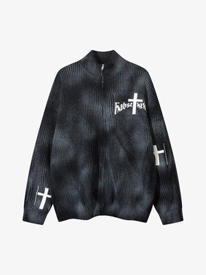 Ribbed Knit Dirty Dyed Embroidery Cross Sweater - thumbnail 7