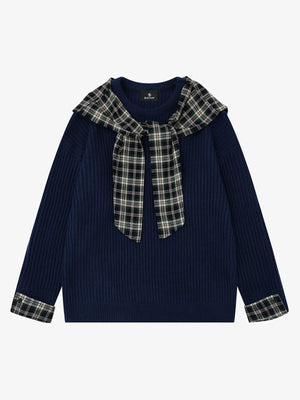 Plaid Scarf Patchwork Contrast Knit Sweater - thumbnail 2