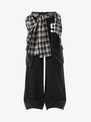 Retro Plaid Patchwork Tie-Belt Wide-Leg Barrel Pants - thumbnail 1