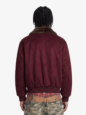 Suede bomber jacket – Wine Red, on model, back | XoKool