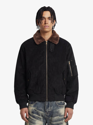Suede bomber jacket – Black, on model, front | XoKool