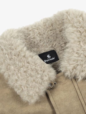 Vintage Fur Collar PU Leather Badge Embroidery Work Jacket - thumbnail 7