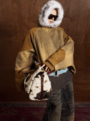 Street Vintage Fog-Dyed Fur Collar Patchwork Hooded Padded Jacket - thumbnail 4