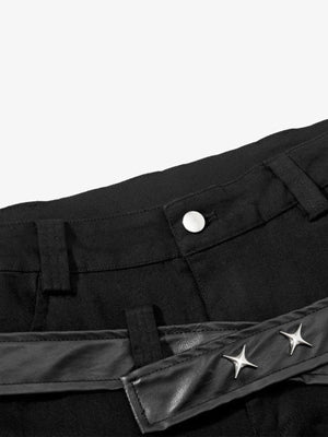 Vintage Heavy Pleated PU Leather Stitch Patchwork Flared Pants - thumbnail 3