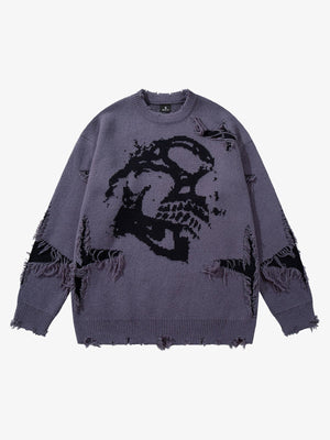 Hip-Hop Dark Skull Frayed-Edge Knit Sweater - thumbnail 2