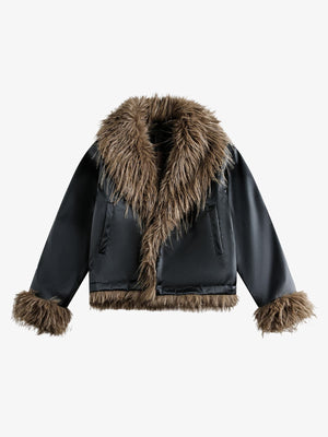 Retro Punk Rock Oversized Fur Collar Stitching Leather Cotton Jacket - thumbnail 9