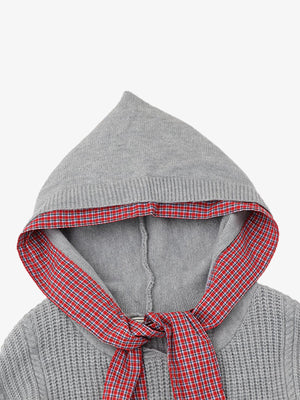 Retro Plaid Tie Hooded Knit Sweater - thumbnail 6
