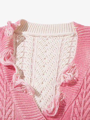 Cable Knit Cardigan Damaged Dirty Dyed Sweater - thumbnail 9