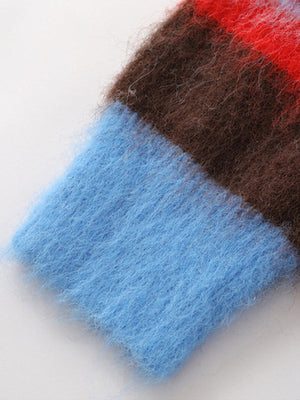 Detachable Hood Contrast Striped Mohair Pullover Sweater - thumbnail 5