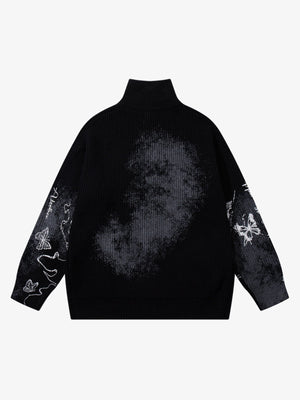 Ink-Splashed Butterfly Jacquard Zip Knit Sweater - thumbnail 4