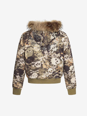 Skull Camouflage Fur Collar Hot Diamond Hooded Jacket - thumbnail 8