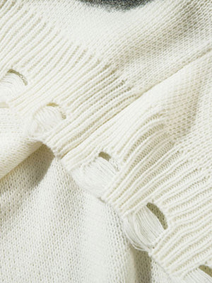 Chain Jacquard Spray-Painted Hole Round Neck Sweater - thumbnail 8