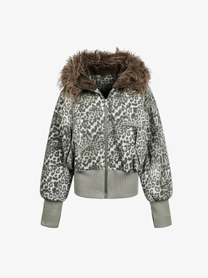 Retro Cheetah Fur Collar Cotton Jacket - thumbnail 1