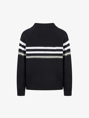 Retro Knitted Lapel V-Neck Contrast Striped Sweater - thumbnail 2