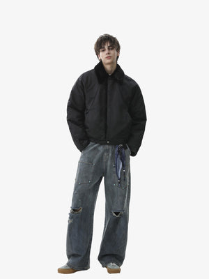 Deconstructed Patchwork Fur Collar Bomber Jacket - thumbnail 8