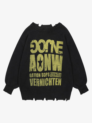 Letter Print Ripped Crew Neck Sweater - thumbnail 1