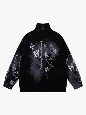 Ink-Splashed Butterfly Jacquard Zip Knit Sweater - thumbnail 2