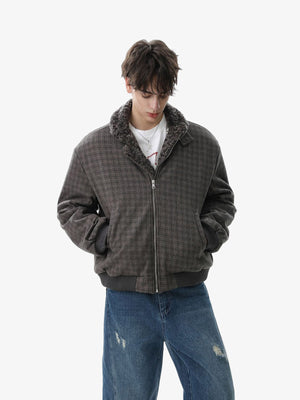 Retro Plaid Fur Collar Warm Padded Jacket - thumbnail 7