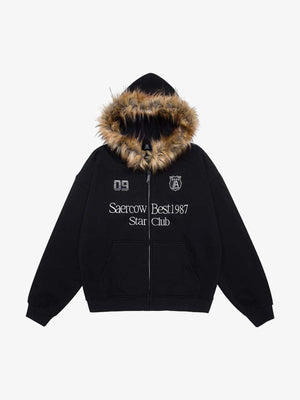 Letter Medal Embroidered Cardigan Fur Collar Hooded Sweatshirt - thumbnail 2