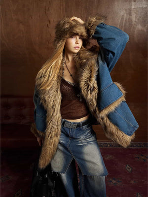 Street Retro Fur Patchwork Washed Denim Cotton Jacket - thumbnail 6