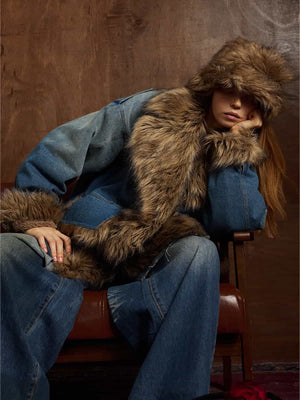 Street Retro Fur Patchwork Washed Denim Cotton Jacket - thumbnail 10