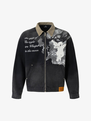 Vintage Lace Patchwork Angel Pattern Denim Jacket - thumbnail 1