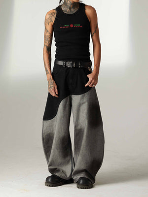Two Tone Black and Grey Baggy Jeans with Grommets – on model, front | XoKool
