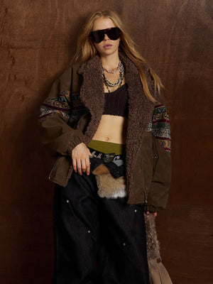 Vintage Leather and Sherpa Patchwork Webbing Cotton Jacket - thumbnail 5