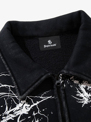 Retro Dark Skull Cross Print Lapel Zipper Jacket - thumbnail 12