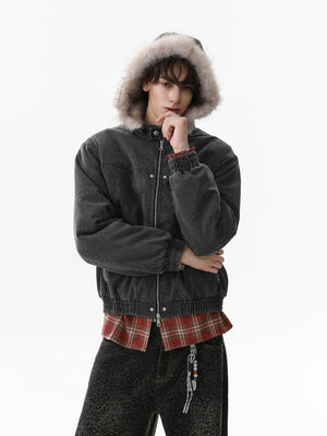 Street Outdoor Detachable Fur Collar Fleece Hooded Padded Jacket - thumbnail 8