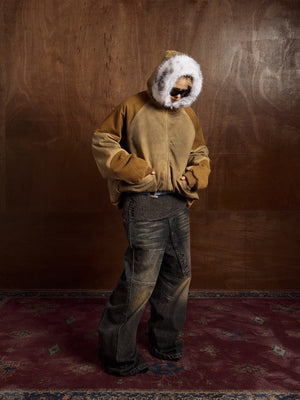Street Vintage Fog-Dyed Fur Collar Patchwork Hooded Padded Jacket - thumbnail 13