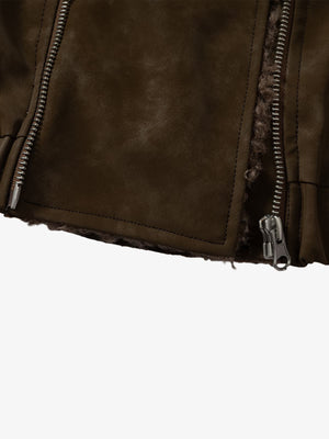 Vintage Leather and Sherpa Patchwork Webbing Cotton Jacket - thumbnail 15