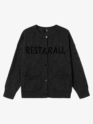 Retro Diamond Check Hollow Knit Cardigan Sweater - thumbnail 4