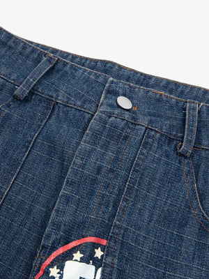 Dark Wash Cargo Jeans with Graphic Prints – Waist button close-up | XoKool