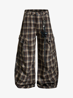 Vintage Plaid Pleated Multi-Pocket Cargo Casual Pants - thumbnail 1