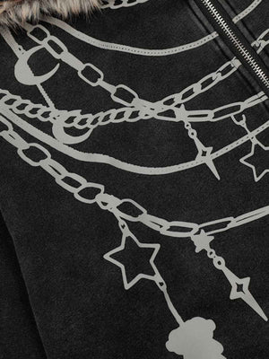 Retro Chain-Decorated Washed Fur Collar Hooded Jacket - thumbnail 7