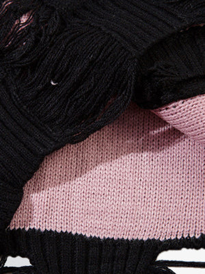 Irregular Neck Hole Hollow Knit Raw Edge Sweater - thumbnail 8
